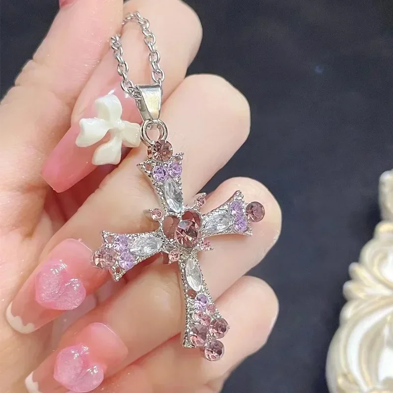 Y2k-女性用ジルコニアクロスネックレス,ピンク,紫,愛のハート