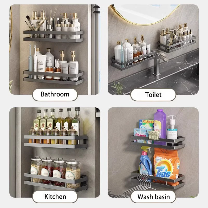 Kitchen Storage Rack Wall Seasoning Storage Rack Bathroom Shelf Shampoo Shelves Wall Carbon Steel Kitchen Accessories ﻿