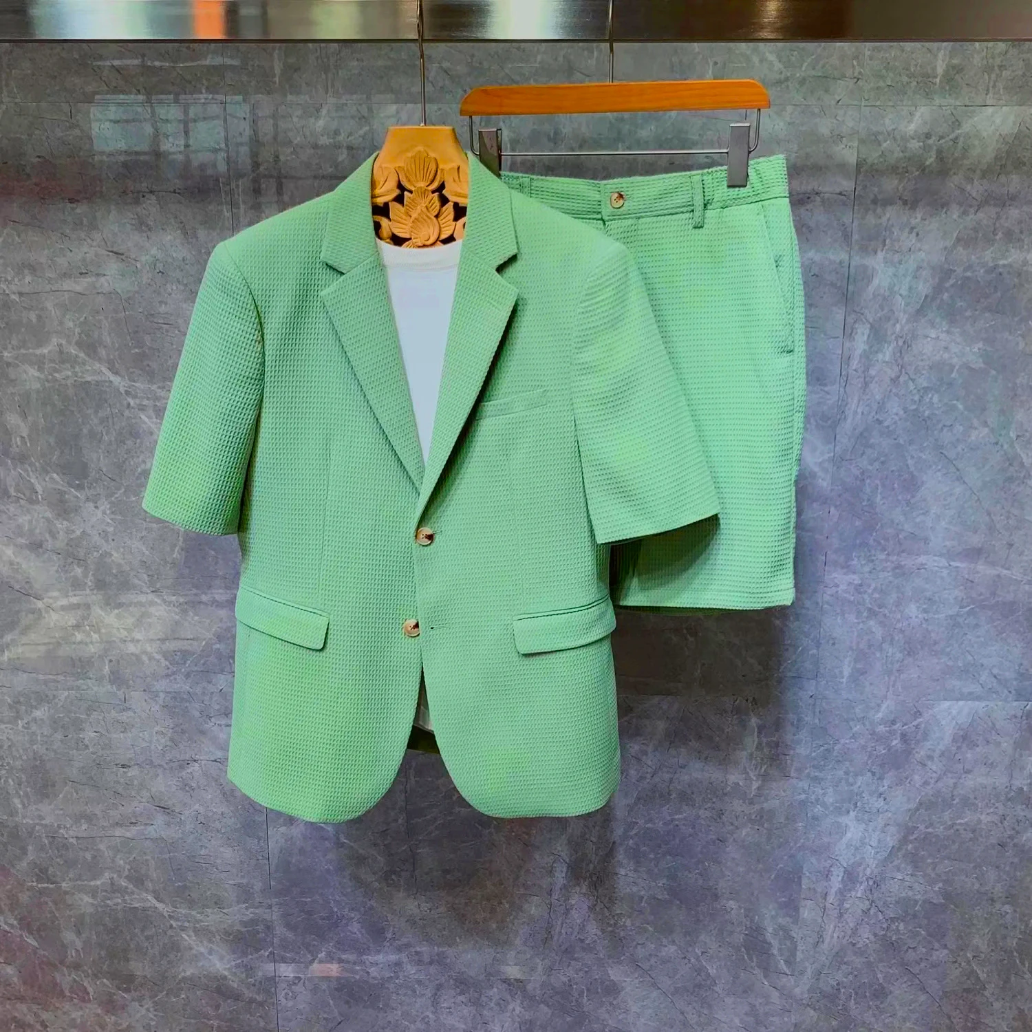 Costumes à manches courtes pour hommes, vestes et Shorts de Style coréen, tissu pied-de-poule Simple et solide, ensembles deux pièces confortables et ajustés