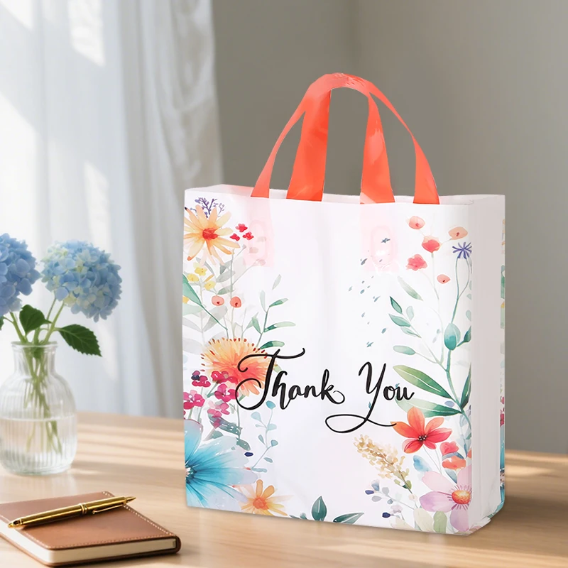 10 Stück Dankeschön-Geschenktüten mit Griffen für Hochzeitsgeschenke, Geburtstagsfeier, Verpackungsbeutel, Kunststoff, Blumenmuster, Dankeschön-Tragetaschen – Detail 15