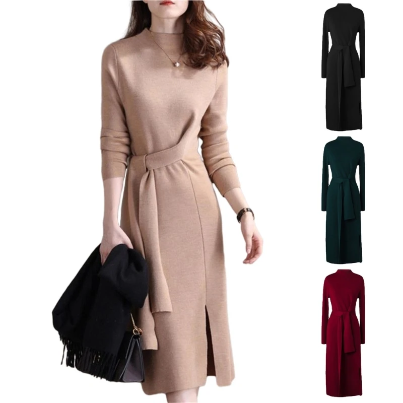 

Модное платье-миди трапециевидной формы с завязками спереди, деловое повседневное платье с длинными рукавами для женщин N7YE