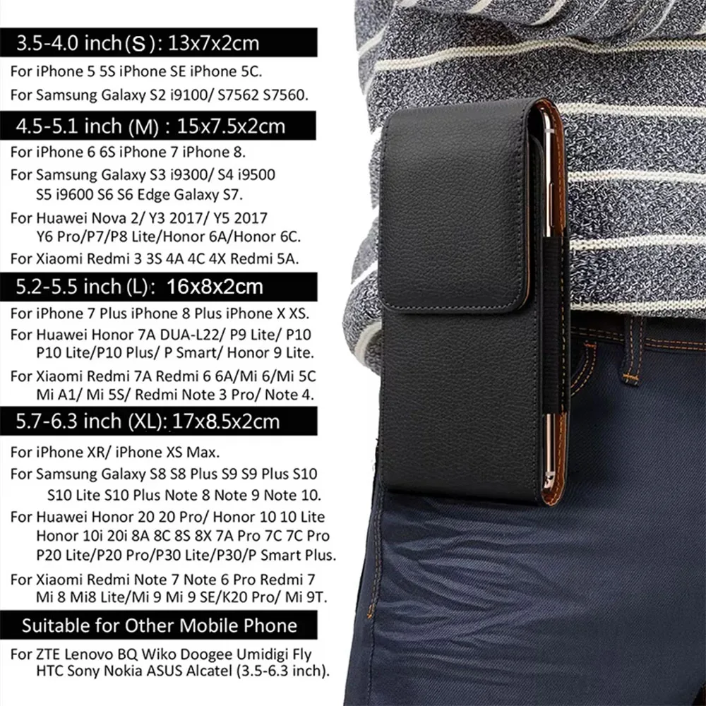 Cell Phone Case Universal Leather Case for iPhone Samsung Huawei Xiaomi Mens Waist Pack Belt Clip Bag for 3.5-6.3" Mobile Phone Pouch Holster