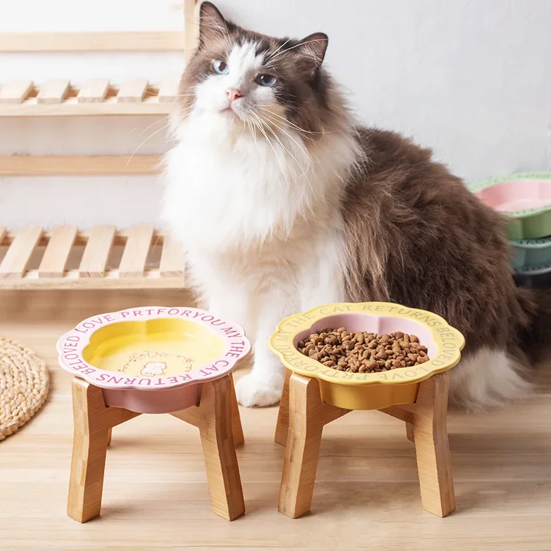 Persian Cat Ceramic Food Bowl with Wooden Shelf Anti-Black Chin Anti-Knockover Small Dog Bowl Includes Water Cup for Canned Food Persian Cat Ceramic Food Bowl with Wooden Shelf Anti-Black Chin Anti-Knockover Small Dog Bowl Includes Water Cup for Canned Food