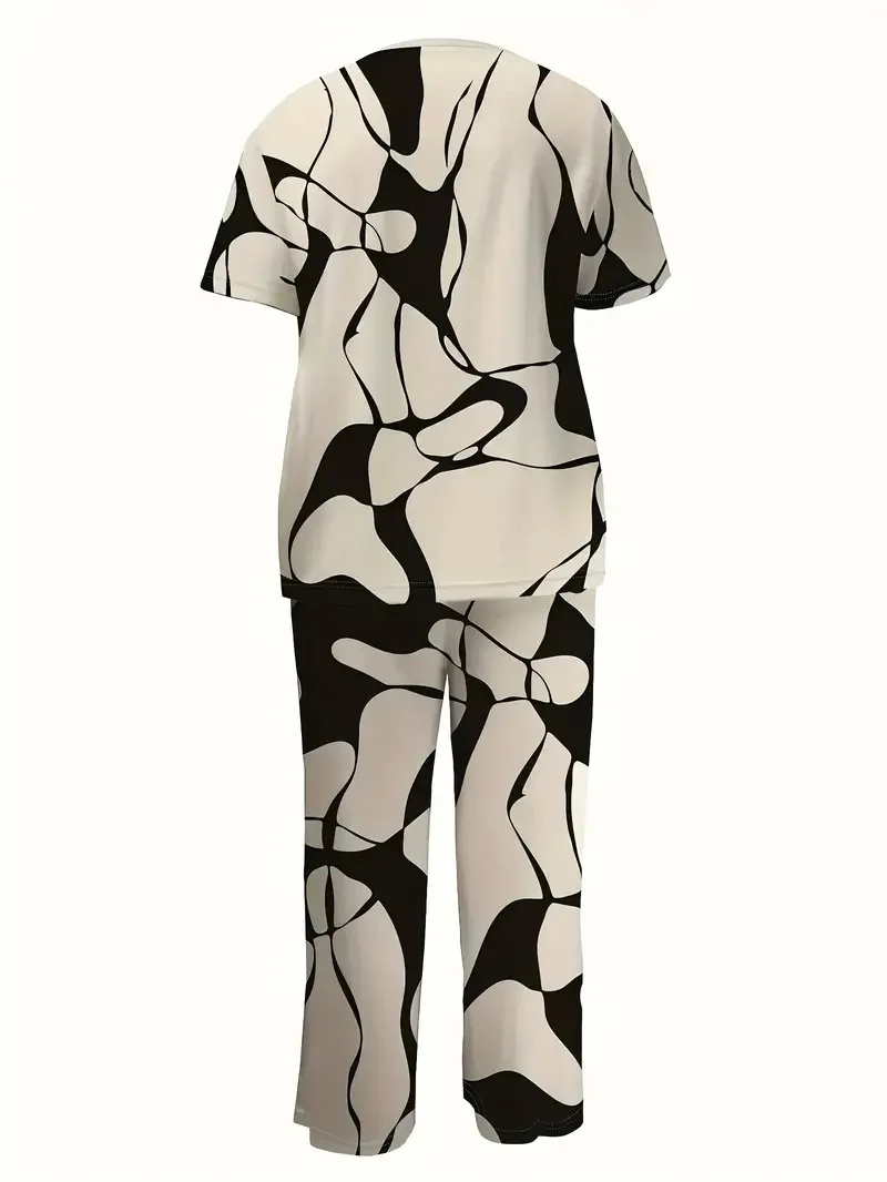 Women's summer fashion print two-piece outfit with round-neck short sleeve T-shirt and wide-leg trousers in a relaxed fit. 5478