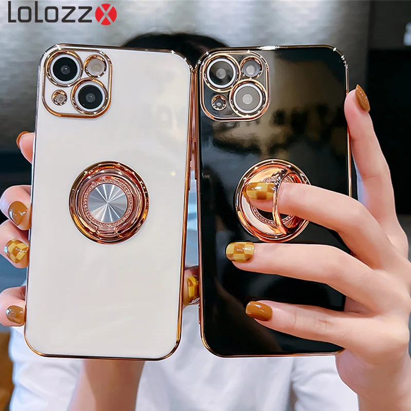 Luxury Plating Daimond Ring Holder Silicone Case For iPhone 14