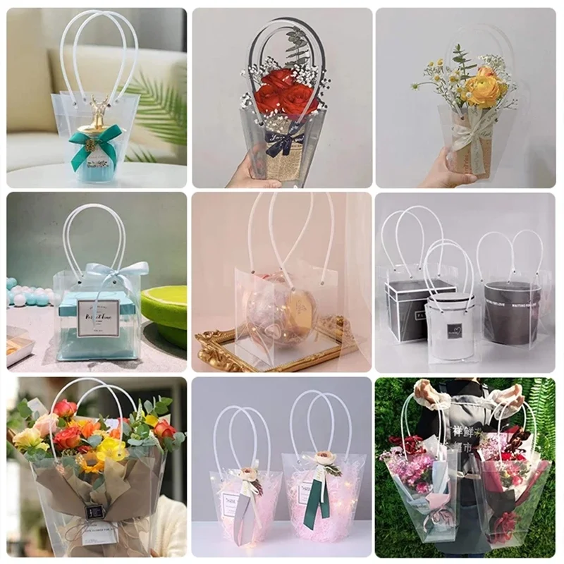 10pcs PVC Transparent Portable Flower Packaging Bag Square Trapezoid Handle Festival Gift Plastic Waterproof Storage Pack Bags 5