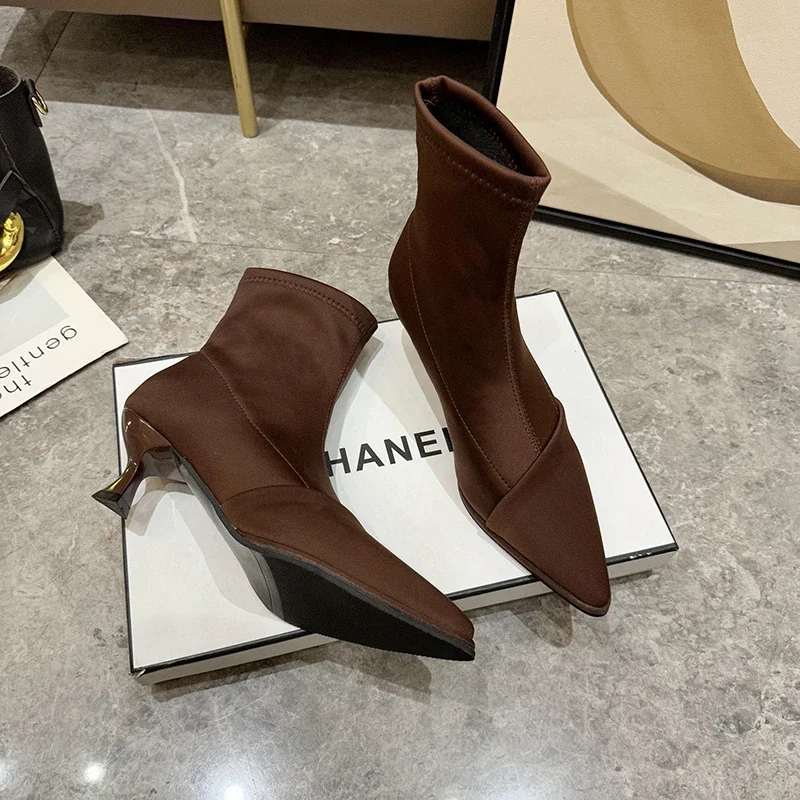 Women‘s Designer Thin Heel Stretch Sock Boots 2023 Autumn Wniter Elegant High Heels Satin Pointed Toe Short Boots Women Shoes