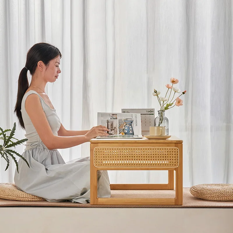 Bamboo Rattan Bay Window Table Wear-Resistant Small Coffee Stand Durable Tatami Bedside Table Bedside Study Desk