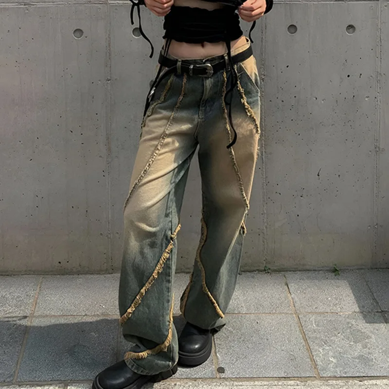 

American Retro Vintage Washed Raw Edge Distressed Jeans Women Low Waist Casual Straight Slouchy Streetwear Denim Trousers