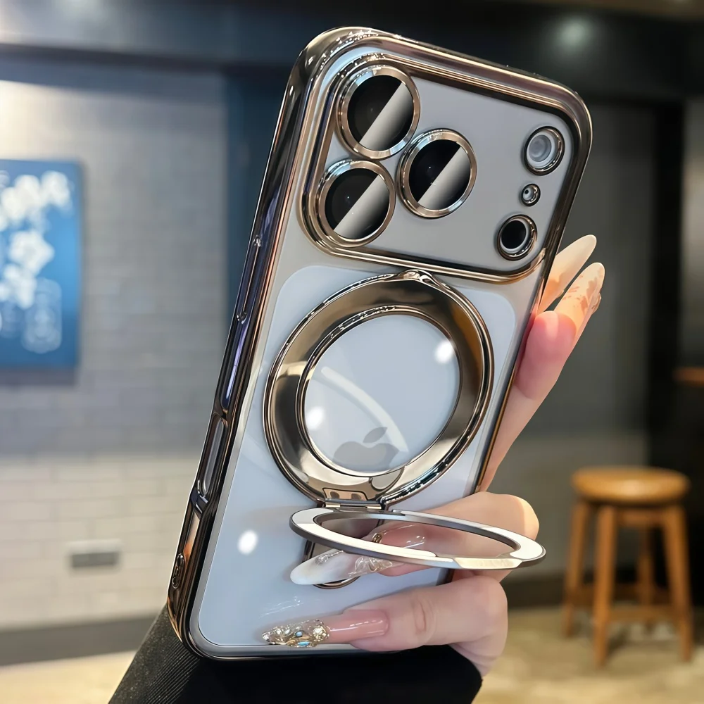 Transparent Fold Holder Phone Case with Magsafe Magnetic Cover and Glass Lens Film