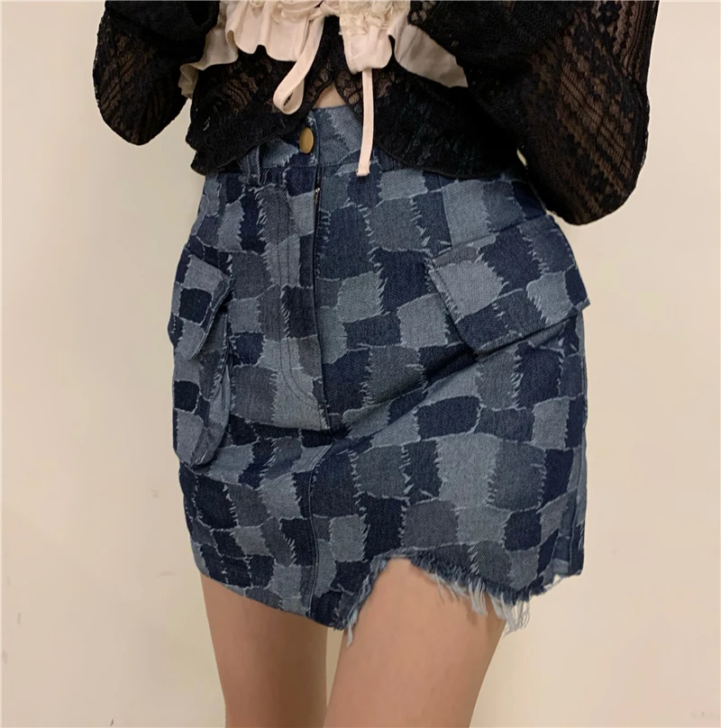 2021 Women Preppy Style High Waist A-Line Skirts All-Match Streetwear Chic Denim Mini Irregular Skirt Faldas Mujer New Fashion summer 2021 new retro french medium length daisy waist slim chic short sleeve dress women s skirt