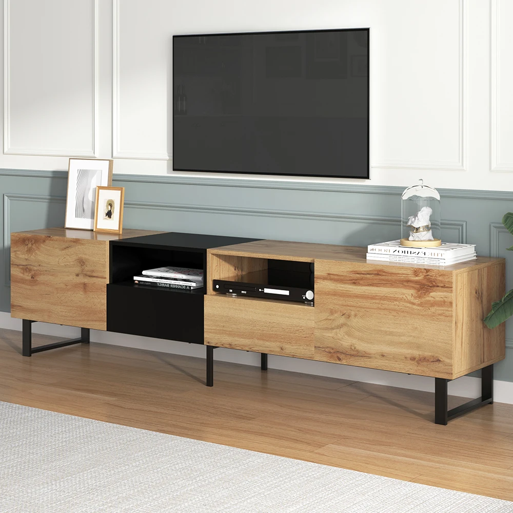 KOMHTOM Moderner TV-Ständer - Schwarzes und Holzfarbenes Design, Geräumiger Stauraum, Robuste Konstruktion – Detail 2