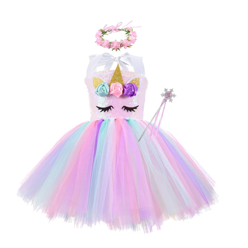 girls dress unicorn tutu outfit pastel flower baby birthday party tulle kids halloween cosplay costume