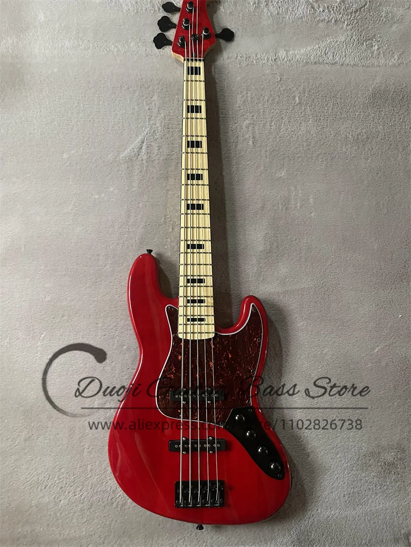 5 Corde Red Electric Bass Jazz Solid Body Ash Wood Maple Fingerboard Batteria Attiva Red Tortoise Shell Guard Factory Custom