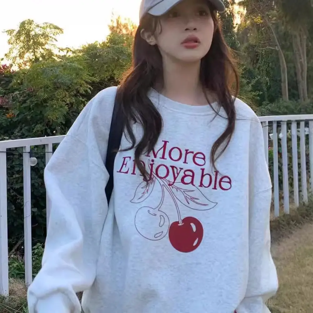 Printed Long Sleeve Fleece Top Sweet Cherry Loose Autumn Hoodie Top Girls Clothing Korean Ins Sweatshirts for Women Holiday
