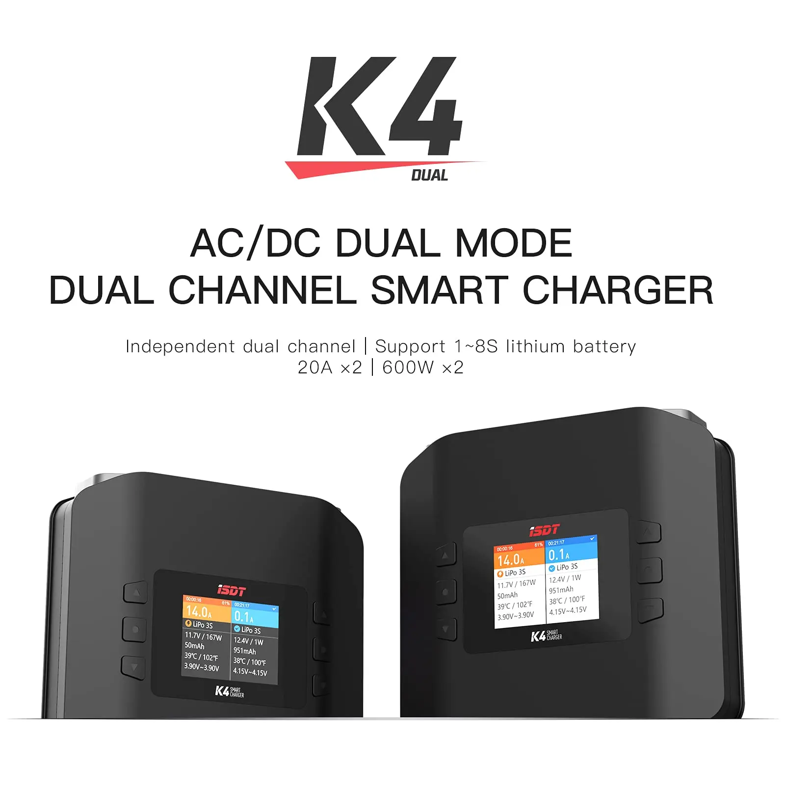 ISDT K4 Dual Channel Lipo Battery Balancer AC 400W DC 600W 20A 1~8s RC Charger