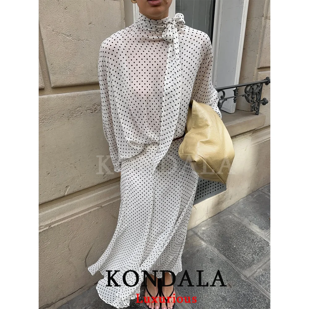 Ensemble vintage à pois femme KONDALA blouse chiffon et jupe longue