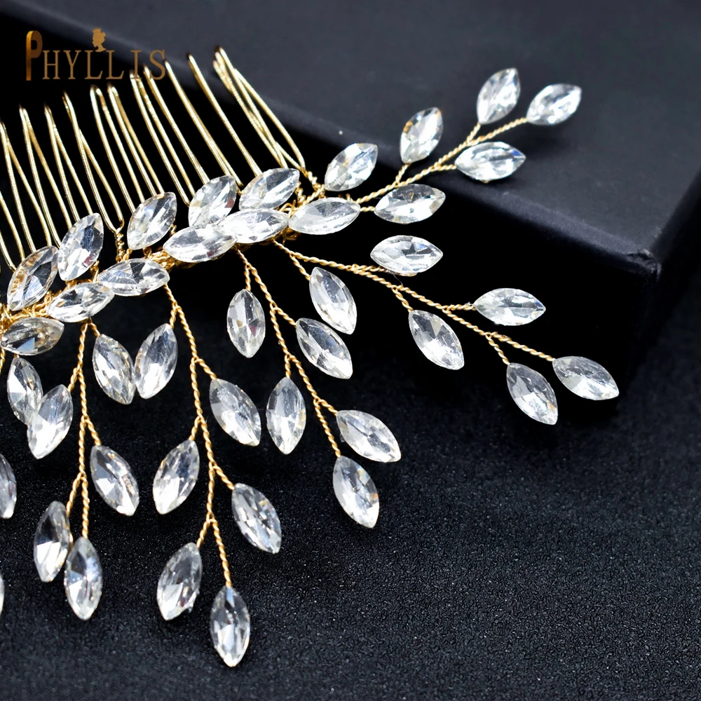 A466 Golden Bridal Hair Combs Rhinestone Wedding Tiara Crystal Women Hair Clips Handmade Jewelry Party Bride Pins