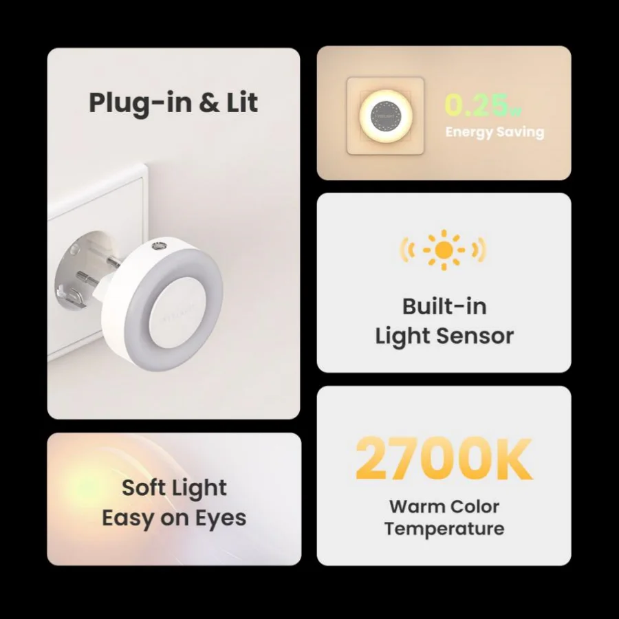 Smart Night Lamp LED Lamp Yeelight Plug-in Light Sensor Night Light 100-240V Warm Color 0.25W Energy Saving 2700K Lighting Sensor EU Plug