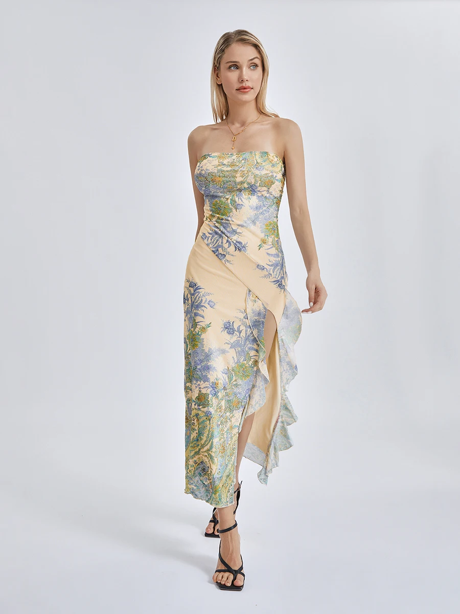 

Women Wrap Chest Bodycon Dress Summer Floral Print Strapless Ruffle Slit Cocktail Long Dresses for Party Club Streetwear Vintage