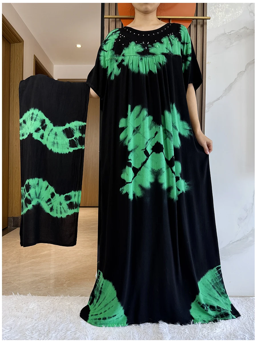 2 Pieces Africa Dashiki Floral Printing Loose Cotton Caftan Lady Summer Maxi Casual Dresses With Big Scarf Vestidos Short Sleeve