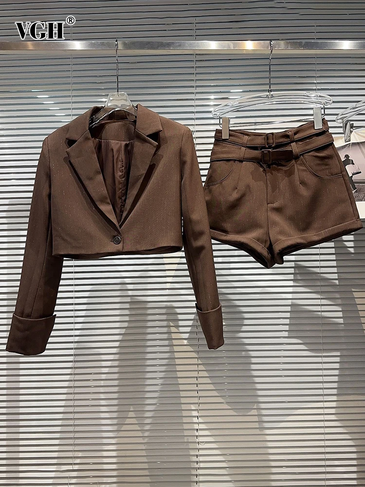 

VGH Solid Casual Two Piece Set For Women Notched Collar Long Sleeve Blazer High Waist Spliced Belt Shorts Minimalist Sets Female