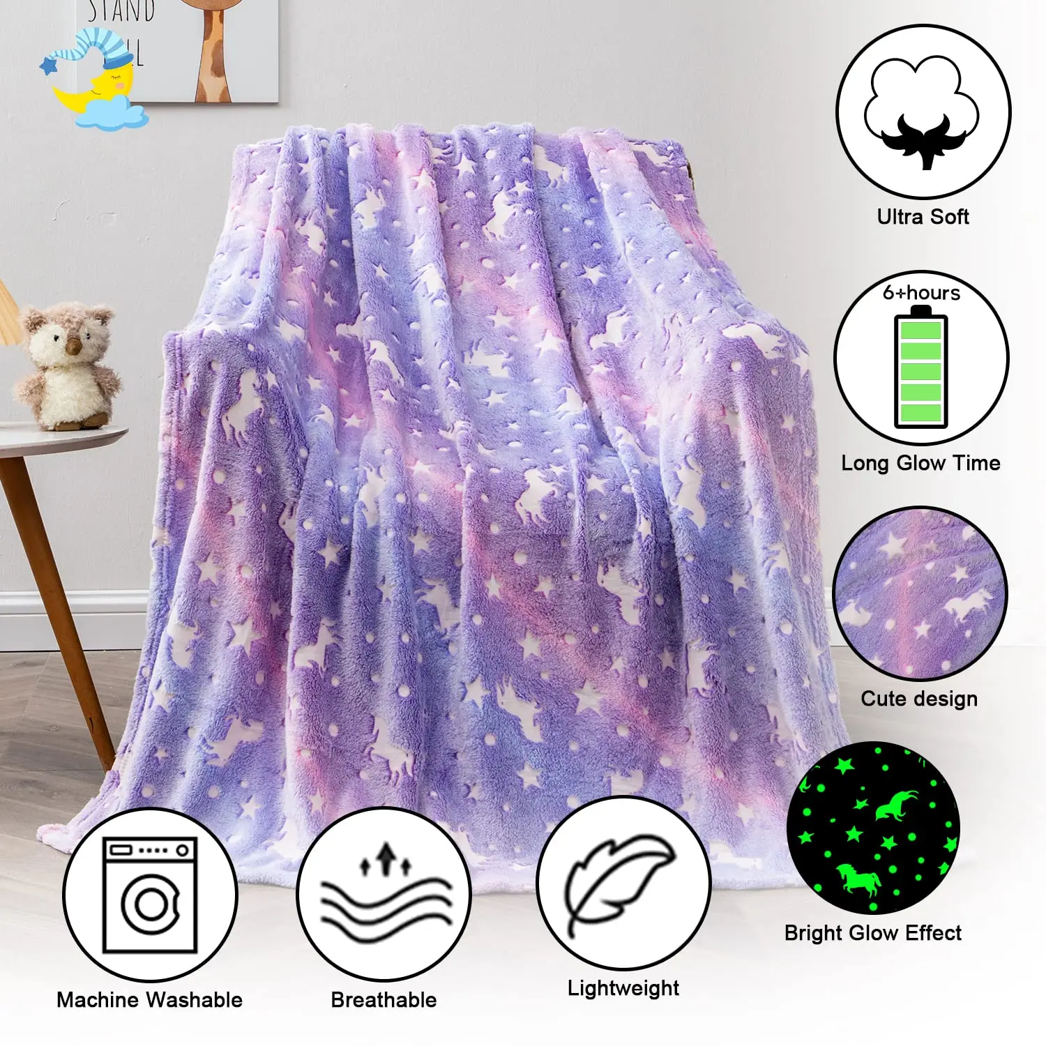1pc Unicorn Glow in The Dark Blanket, Unicorn Blanket for Girls/Kids Age 3-12, Toddler Soft Fleece Blanket Throw Birthday Gift 6