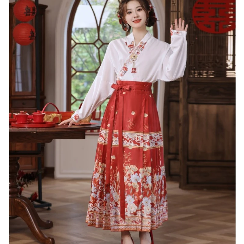 

2024 New Chinese Style Hanfu Women Skirts Elegant Ming Dynasty Maxi Skirt Print Vintage Female High Waist Horse Face Skirt Daily