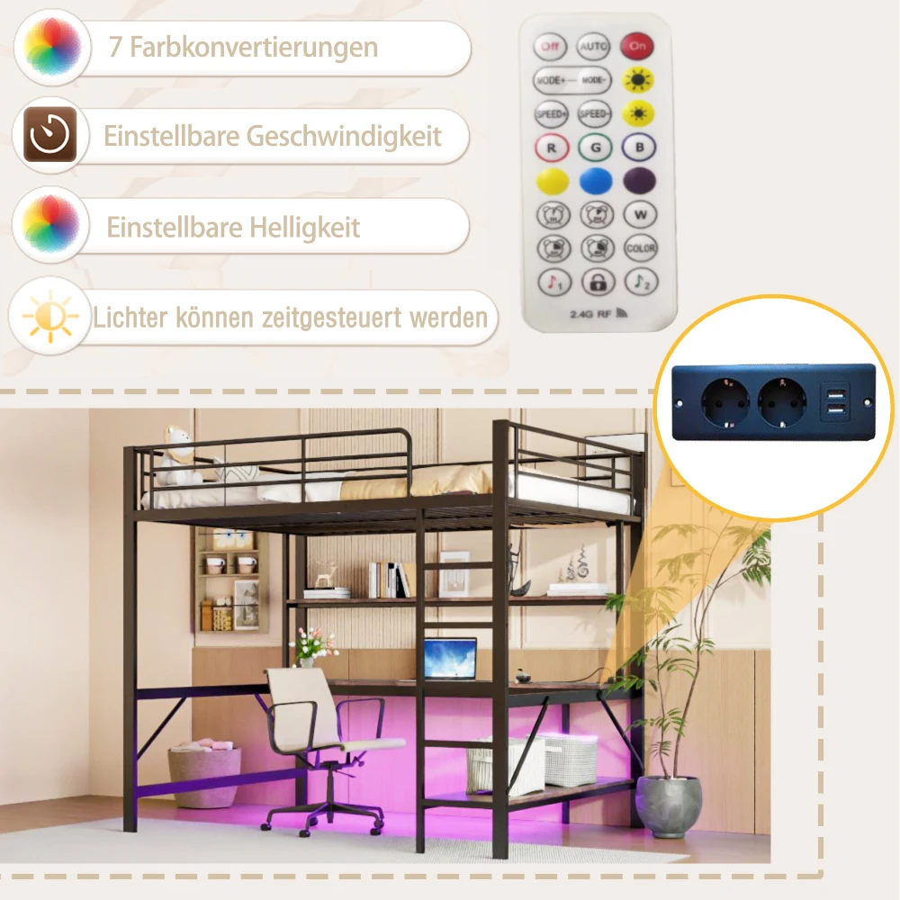 140*200cm Hochbett, mit mehrschichtigem Trennregal und Schreibtisch, Metallbett mit USB und Steckdose, mit LED-Leuchten, (ohne Matratze) – Detail 10