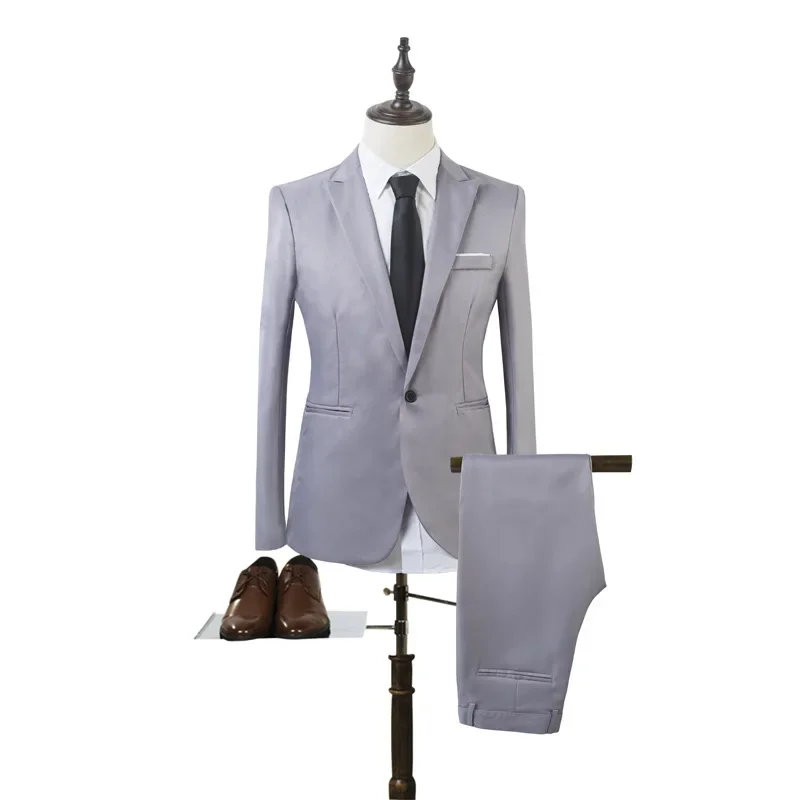 Fashionable Men's Slim Fit Korean Style Suit 2-piece Jacket Trousers Western-style Wardrobe Staple