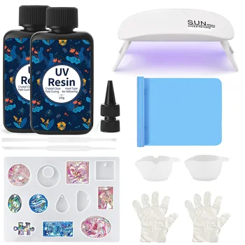 UV Resin Kit with Light, 200g Crystal Clear Solar Activated UV Resin for Jewelry Making (100g x 2) 1