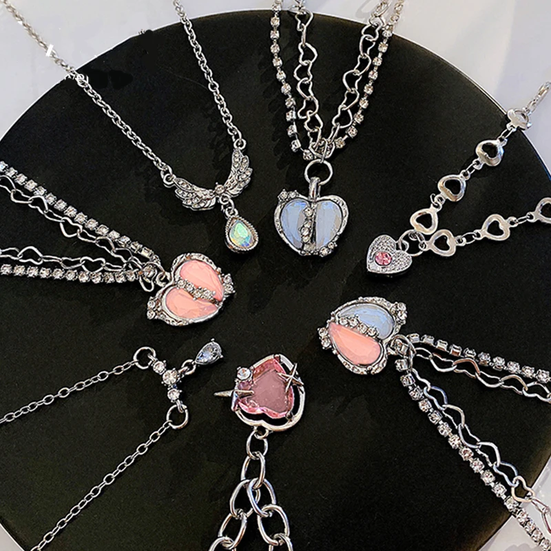 Rosa Kristallherz-Anhänger Halskette für Frauen Exquisite Silberfarbene Schlüsselbeinkette Kpop Trendiger Hochzeits-Ästhetik-Schmuck Geschenk – Detail 2