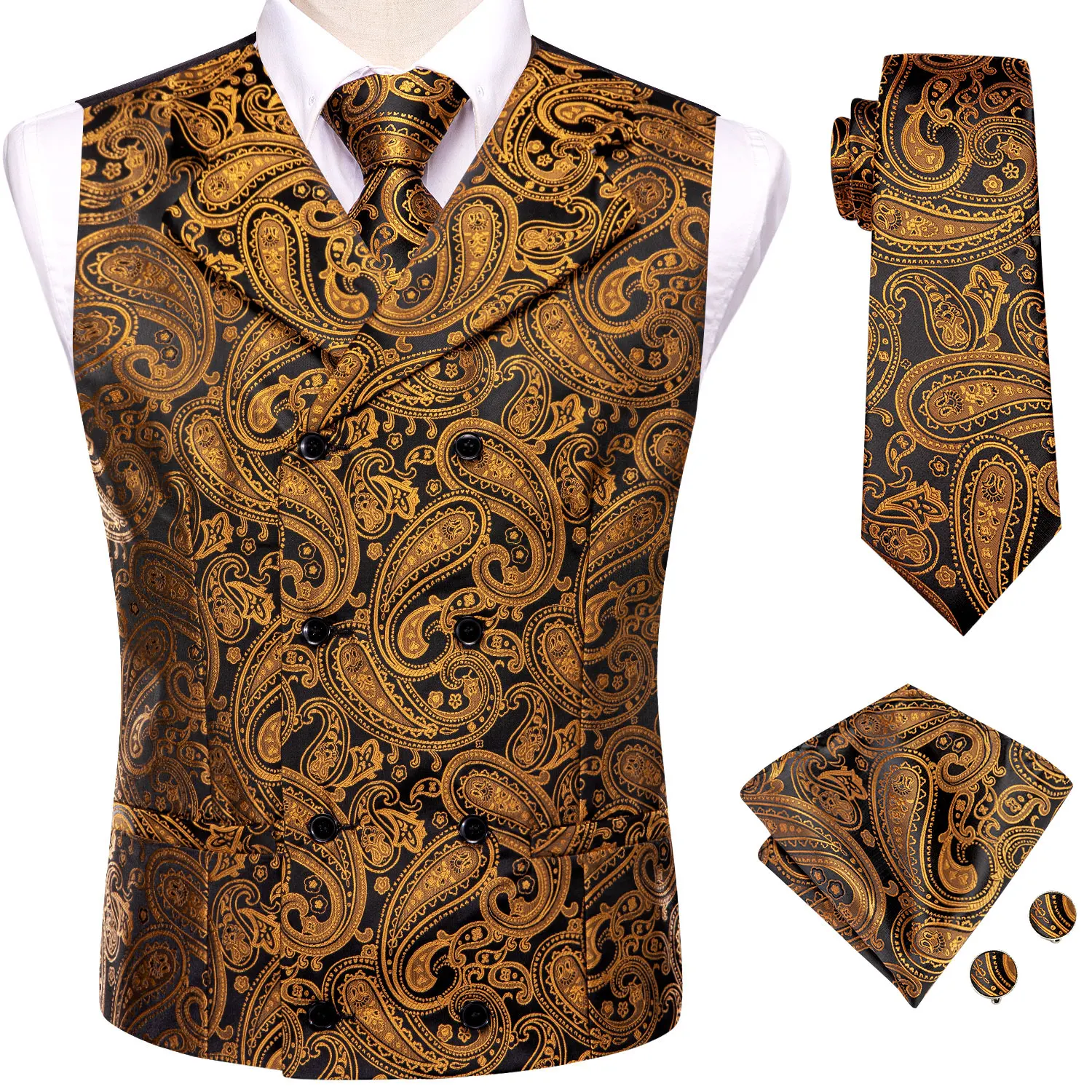 Luxury Silk Mens Vest Gold Black Classic Paisley Jacquard Waistcoat Jacket NeckTie Hanky Cufflinks Men Business Party Hi-Tie dress vests