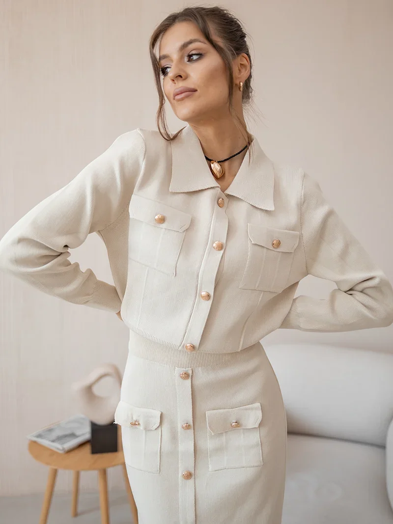 

Stylish knit blazer and skirt for women, 2-piece set vintage knit in black, white, brown, fall, winter