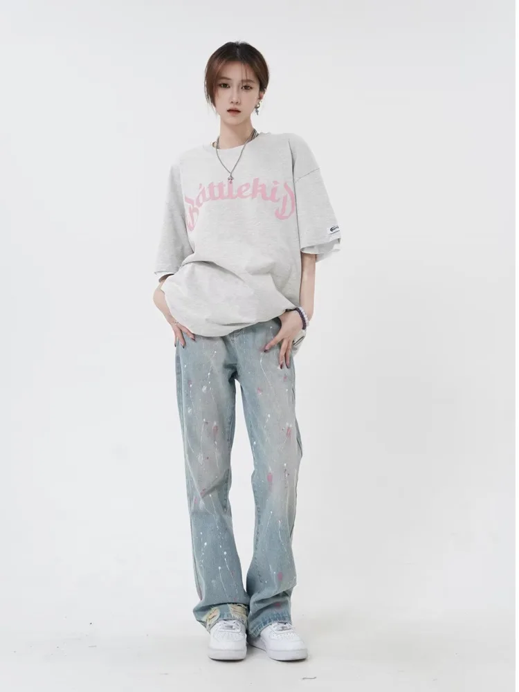 High Street Painted Jeans Children's Spring And Autumn High Waist Straight Tube Slim Pear Shape Body Wide Leg Pants Women'sJeans