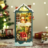 NEW DIY Wooden Merry Christmas Book Nook Shelf Insert Miniature Model Kits With Furniture Lights Bookshelf Bookend Friends Gifts 2