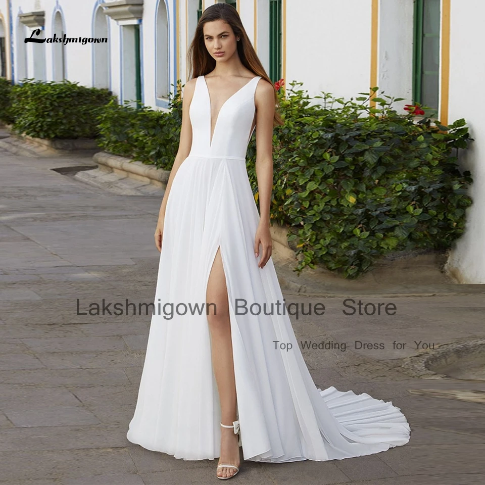 

Lakshmigown Simple White Chiffon Long Beach Wedding Dress Side Split 2023 Robe Mariage Civil Bridal Boho Wedding Gowns Open Back