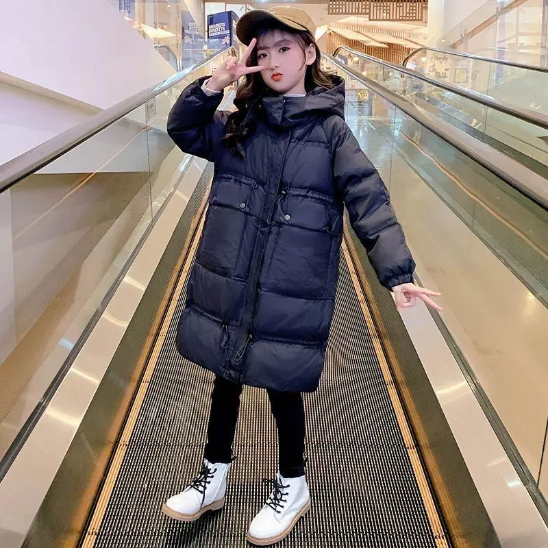

Solid Color Mid-length Down Jackets Outwear Winter Clothes For Girls 4 5 6 7 8 9 10 11 13 14Year Warm Hooded Girl Parkas Coat