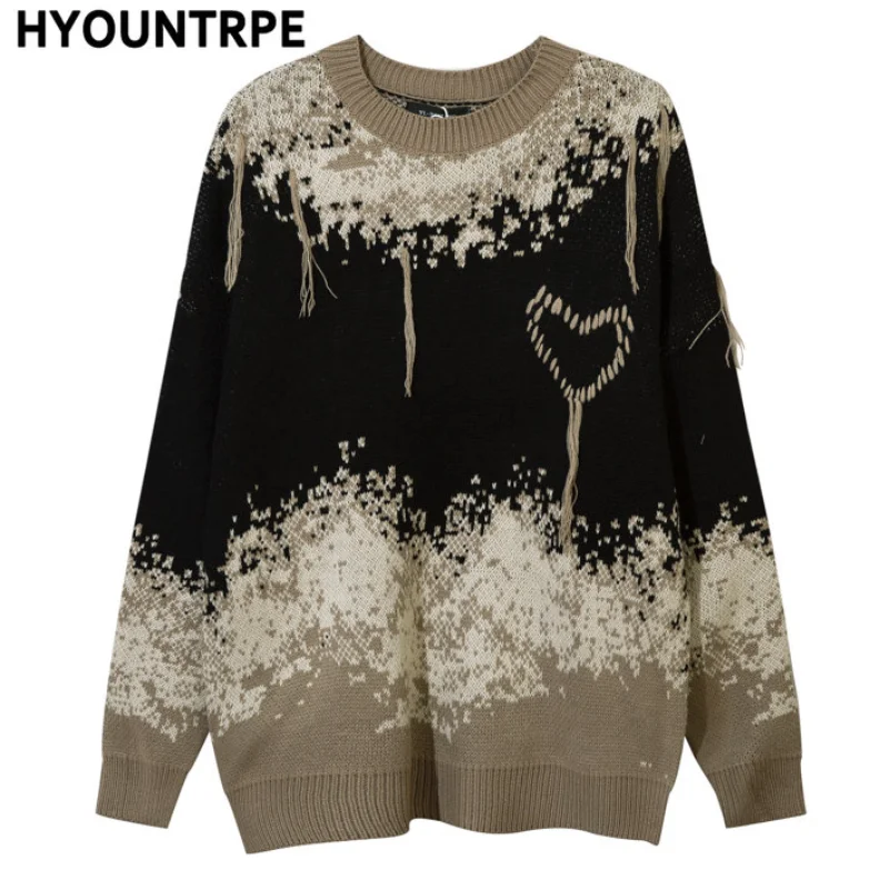 Mens Hip Hop Streetwear Knitted Sweater Pullover Embroidery Tassel Sweater Autumn Harajuku Cotton Casual Tops Sweaters Pullovers