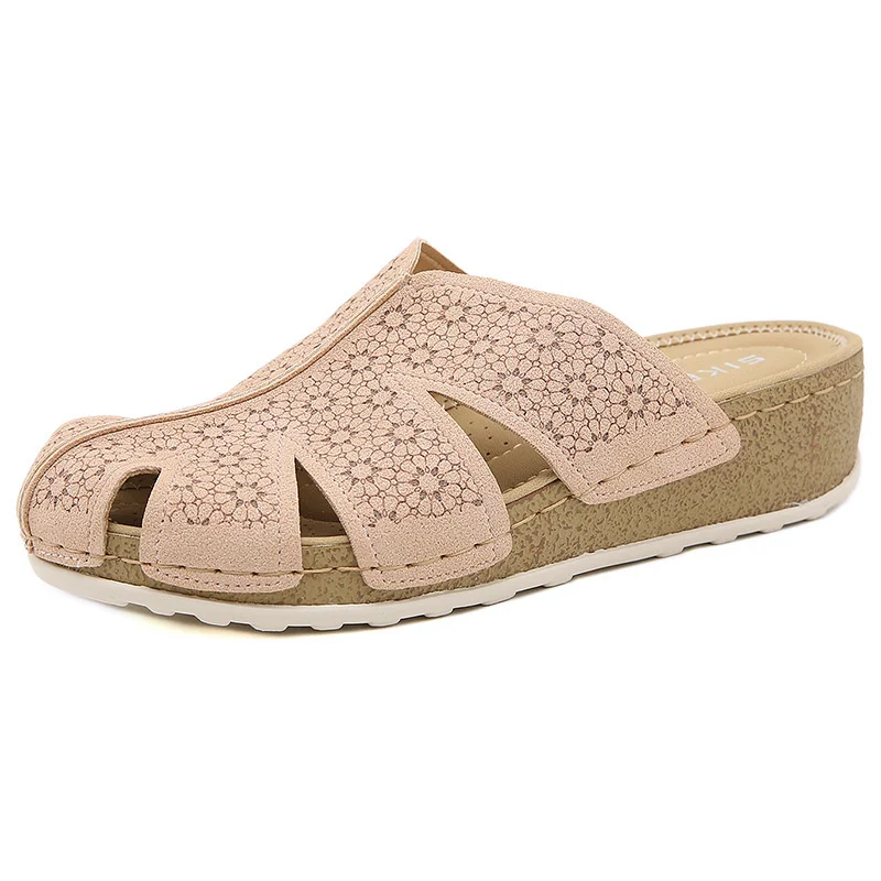 

2023 New Summer Baotou Print Comfortable Large Size Sandals Women's Slope Heel Thick Sole Sandals