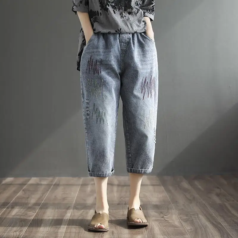 Original Embroidery Distressed Women's Summer New Solid Elastic High Waist Distressed Loose Large Casual Jeans Calf-Length Pants