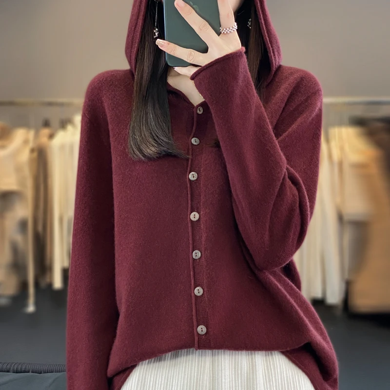 Women's Seamless Wool Hooded Cardigan Women's Autumn And Winter Loose Relaxed Long Sleeve Cashmere Knitted Large Top