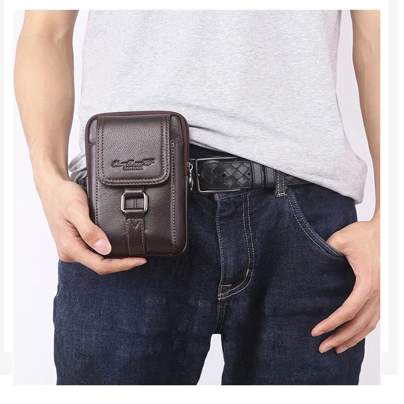 Men Genuine Leather  Cell/Mobile Phone Case Cross body Waist Pack Hip Bum Bags Fashion Casual Male Belt Hook Messenger Bag