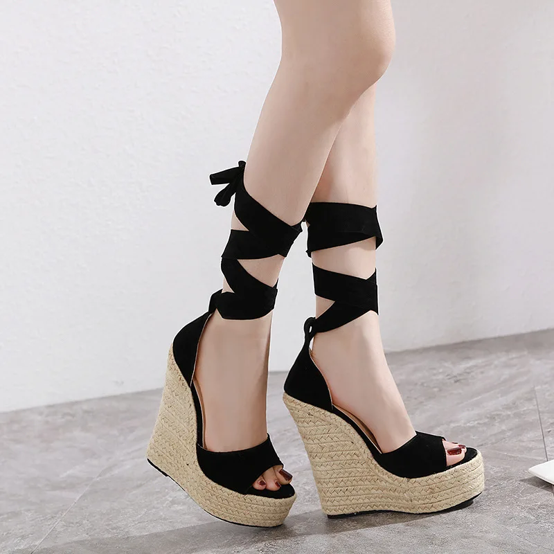 Ladies Sandals Women Shoes Cloth Solid Color Slope Heel Round Shape Thick Bottom Increase Roman Platform