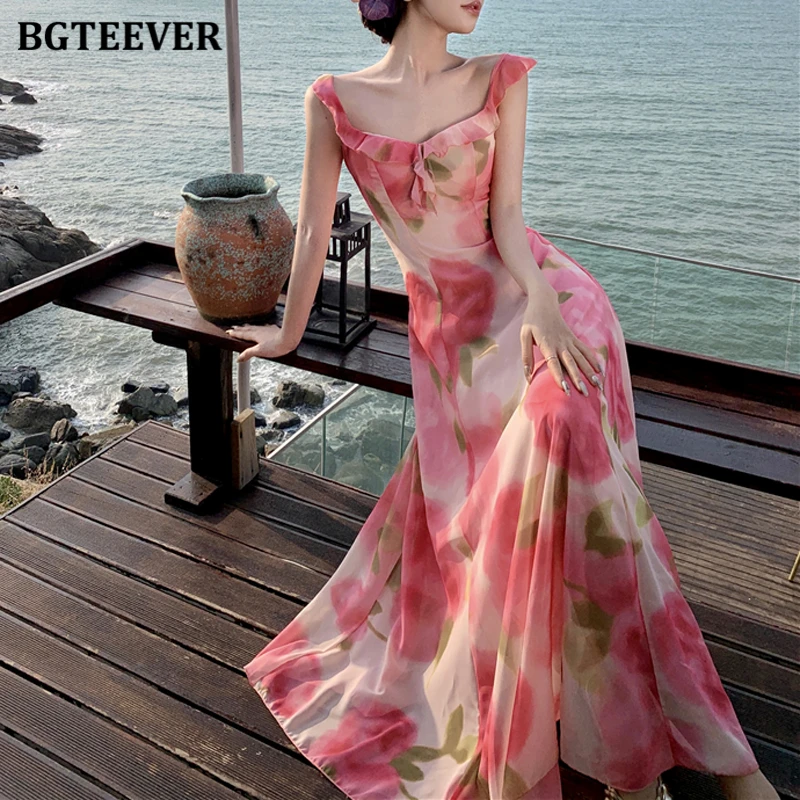 

BGTEEVER Vintage Ruffles Square Collar Women A-line Dress Summer Elegant Slim Waist Female Sleeveless Floral Printed Dress