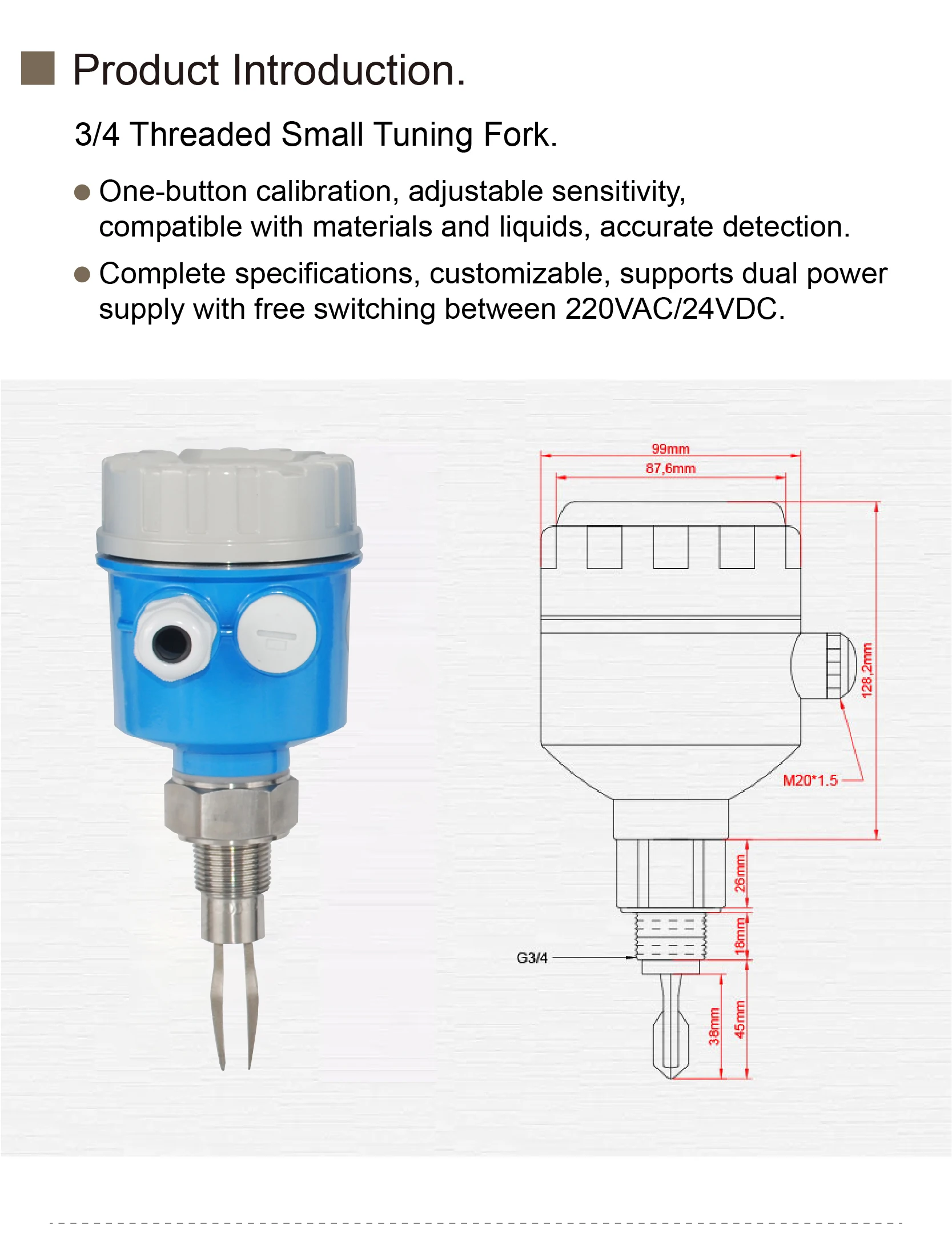 Relay Output Stainless Steel Tuning Fork Level Switch Sensor for Industrial Pipe