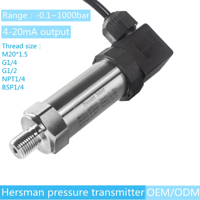 Hersman 4-20mA Output Pressure Transmitter 12V 24V Supply Water Gas Oil Liquid Sensor 100mbar 1bar 0.1Mpa 16bar 150psi 0-10V pressure sensor