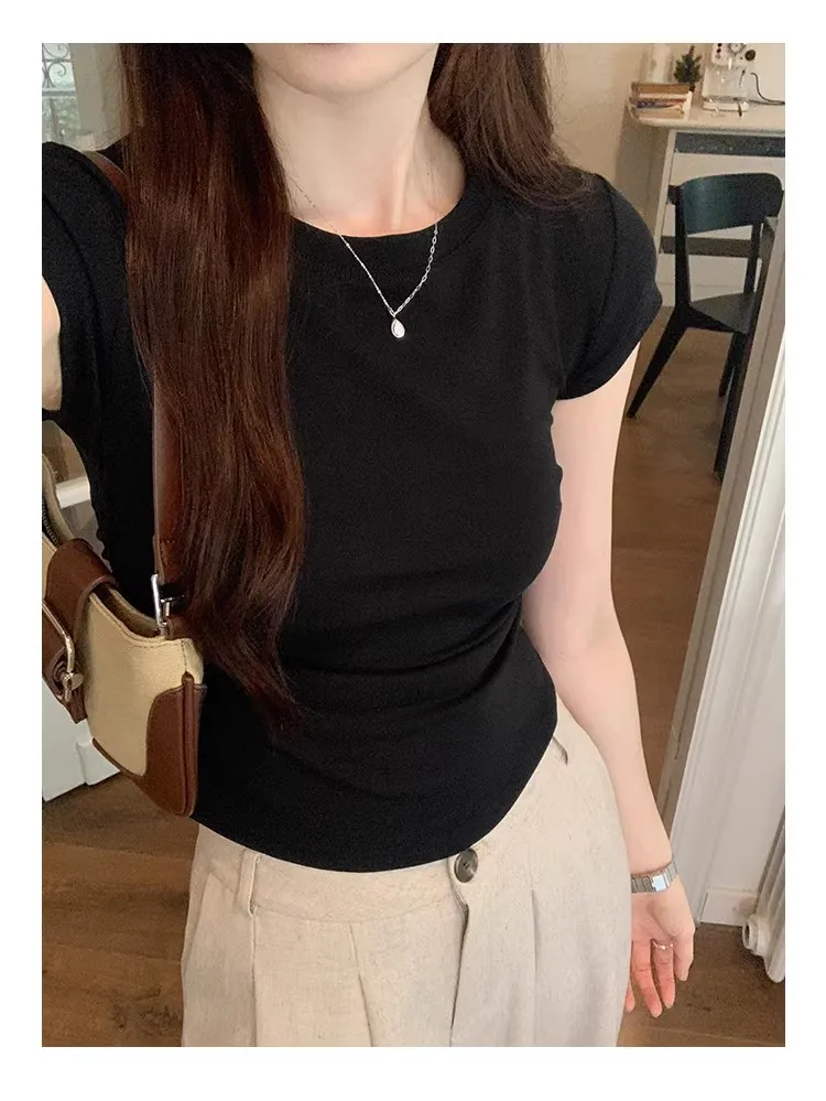 Women's Basic Solid Crop Top Short Sleeve Crewneck Skinny T-shirt Summer Casual Y2K Vintage Harajuku Streetwear