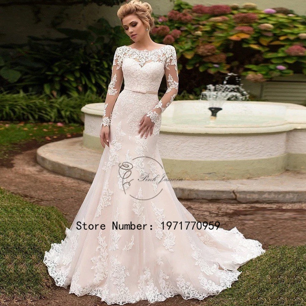 

Gorgeous Mermaid Wedding Dresses Scoop Neck Long Sleeves Applique Lace Court Train Lace Up Back Illusion Bridal Gowns 2024 New