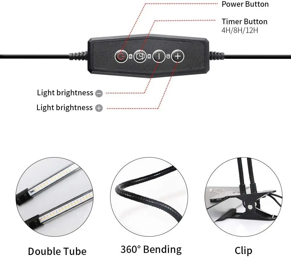 GooingTop LED Growth Light,6000K Full Spectrum Clip Plant ,White/Red, Suitable for Indoor Plants,5 Dimmable,4 8 12 Time Setting